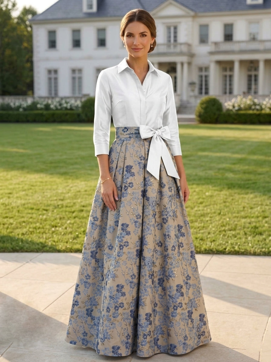 Robe mère de la mariée en jacquard, ligne A/princesse, col chemisier, nœud papillon, floral, manches 3/4, Longueur du Sol