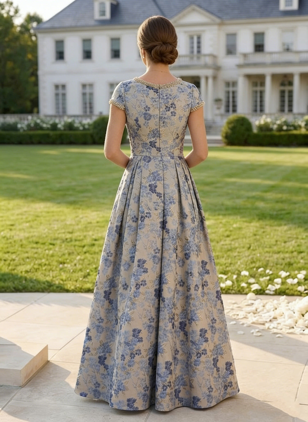 Robe mère de la mariée en jacquard, ligne A/princesse, col rond, floral, manches courtes, Longueur du Sol, perles