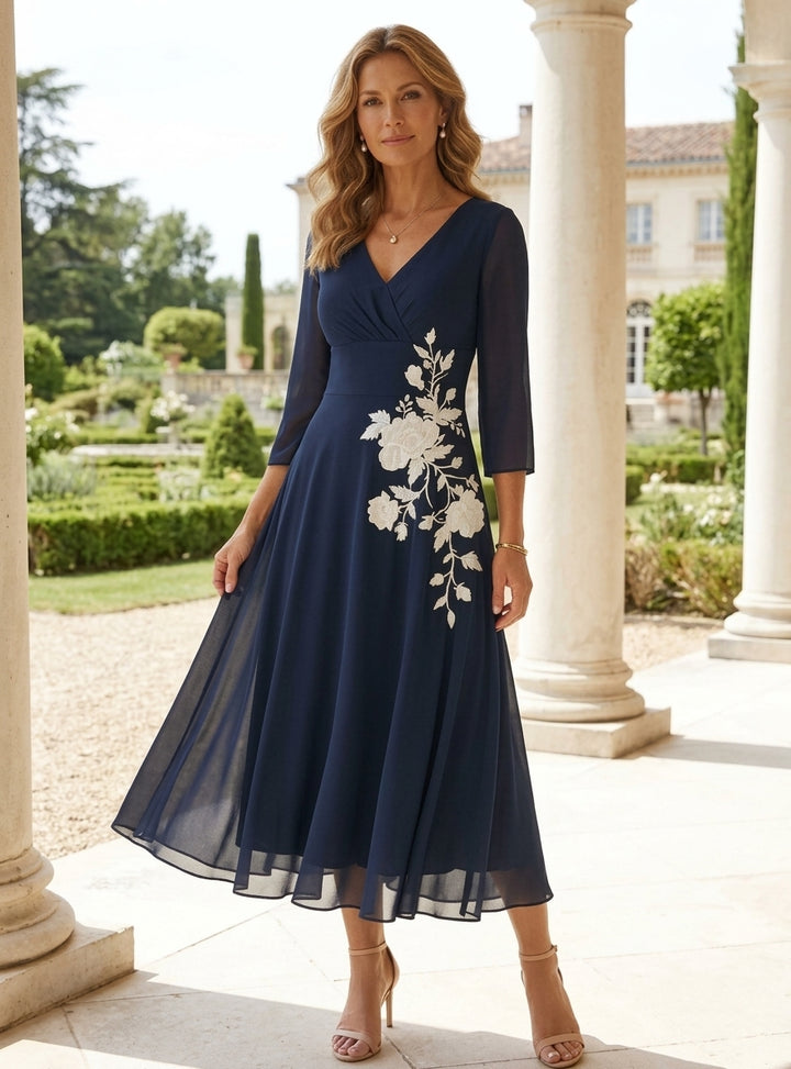 Robe mère de la mariée en mousseline, ligne A/princesse, col en V, Longueur de Thé, manches 3/4, dentelle florale
