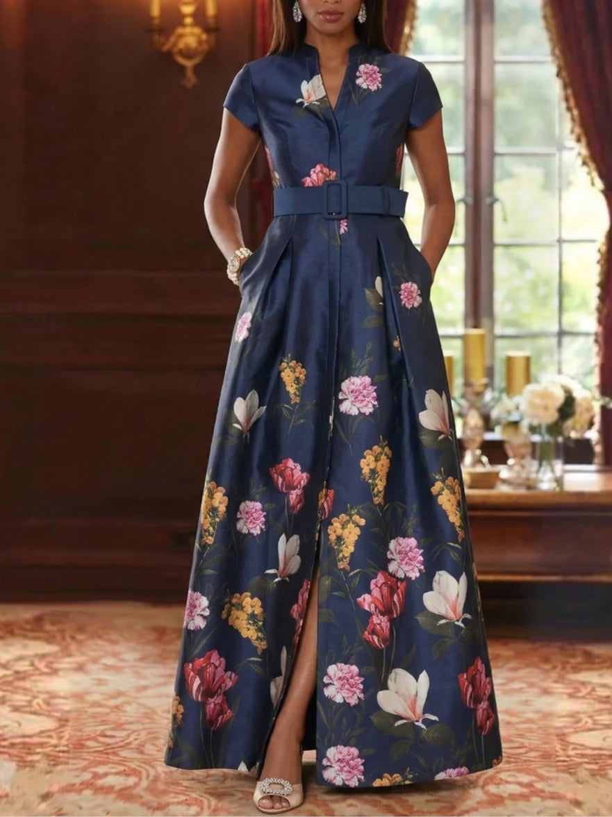 Robe ligne A/princesse, Col en V, pour mère de la mariée, longueur du sol, manches courtes