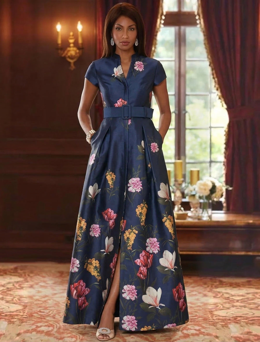 Robe ligne A/princesse, Col en V, pour mère de la mariée, longueur du sol, manches courtes