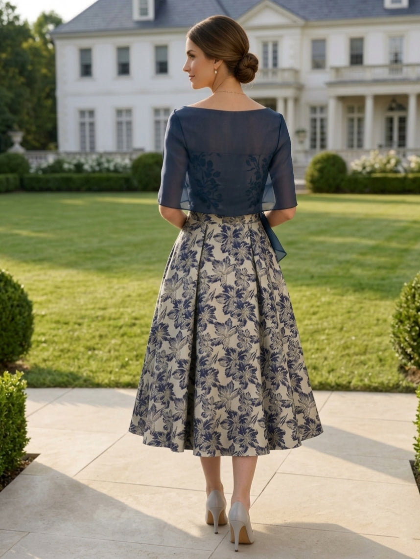 Ligne A/Princesse, Sans Bretelles, pour mère de la mariée, longueur du Thé,Sans manches, Floral
