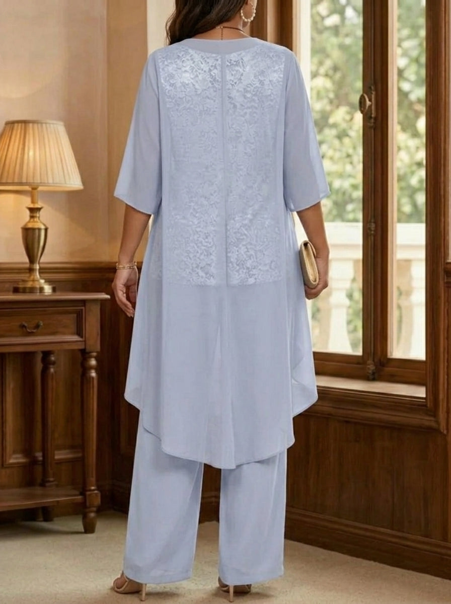 Robe Mère de la Mariée, Ensemble Pantalon, 3 Pièces, Col Rond, Manches 3/4, Longueur de la Cheville, Mousseline