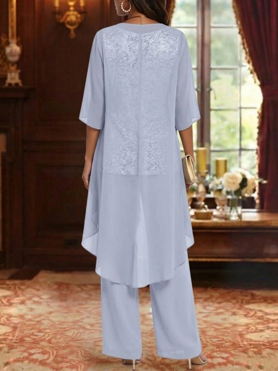 Ensemble 3 pièces en mousseline pour mère de la mariée, pantalon avec veste, col rond, manches 3/4, Longueur de La Cheville, dentelle