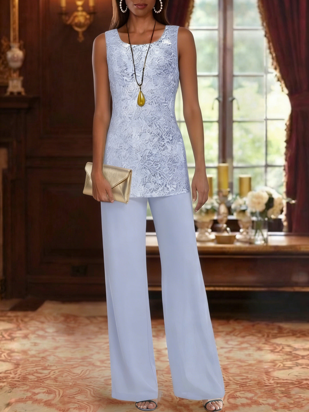 Ensemble 3 pièces en mousseline pour mère de la mariée, pantalon avec veste, col rond, manches 3/4, Longueur de La Cheville, dentelle