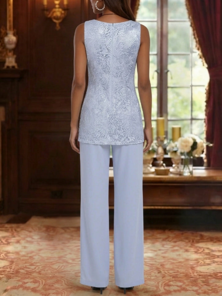 Ensemble 3 pièces en mousseline pour mère de la mariée, pantalon avec veste, col rond, manches 3/4, Longueur de La Cheville, dentelle