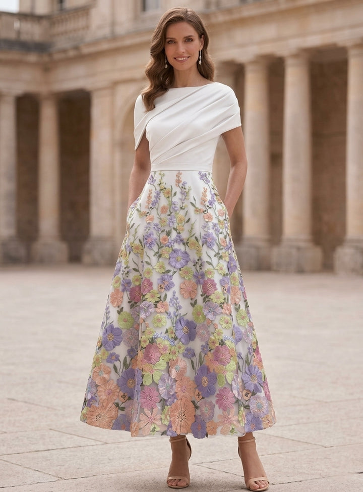 Robe mère de la mariée en satin, ligne A/princesse, col bateau, floral, Longueur de Thé, manches courtes, ruché