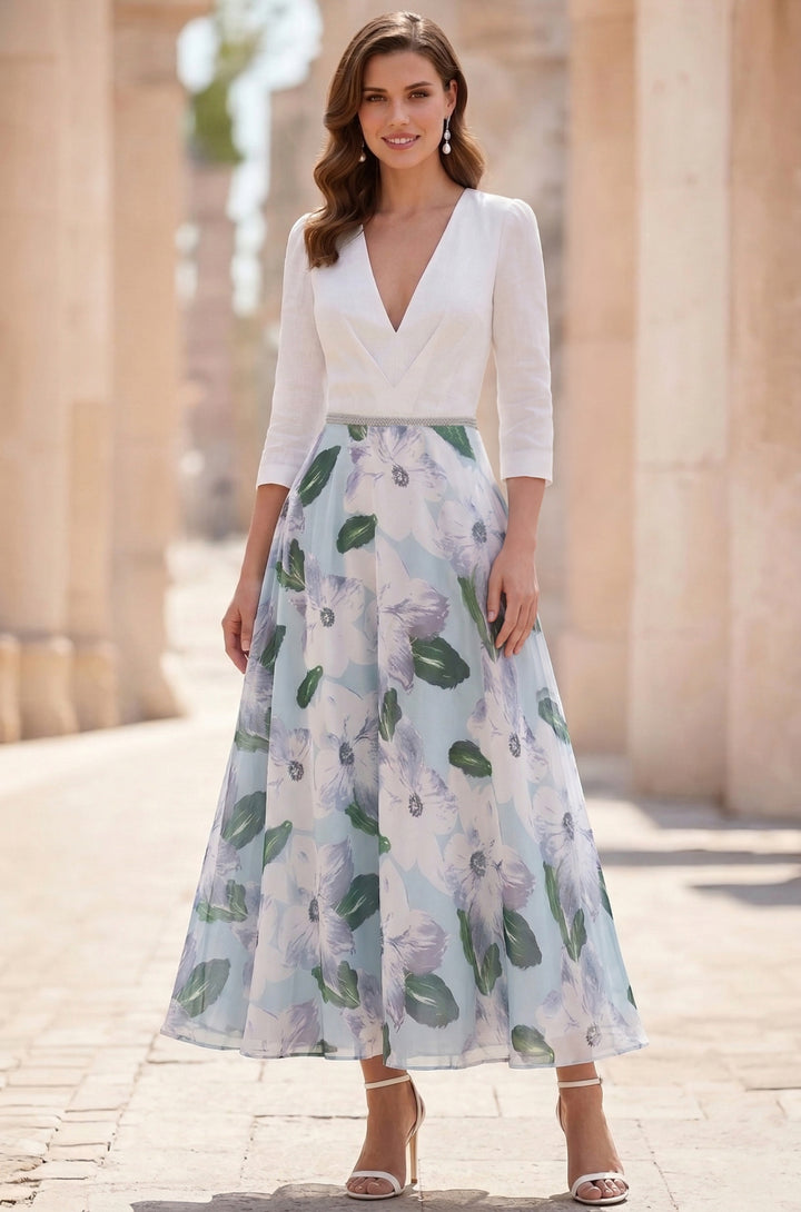 Robe mère de la mariée en satin, ligne A/princesse, col en V, manches 3/4, mousseline, floral, Longueur de Thé, ceinture