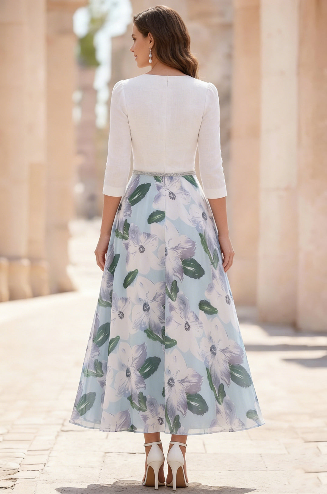 Robe mère de la mariée en satin, ligne A/princesse, col en V, manches 3/4, mousseline, floral, Longueur de Thé, ceinture