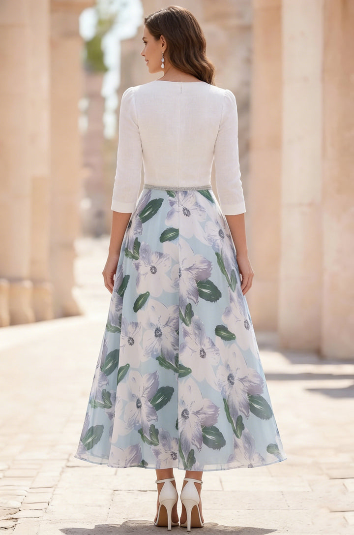Robe mère de la mariée en satin, ligne A/princesse, col en V, manches 3/4, mousseline, floral, Longueur de Thé, ceinture