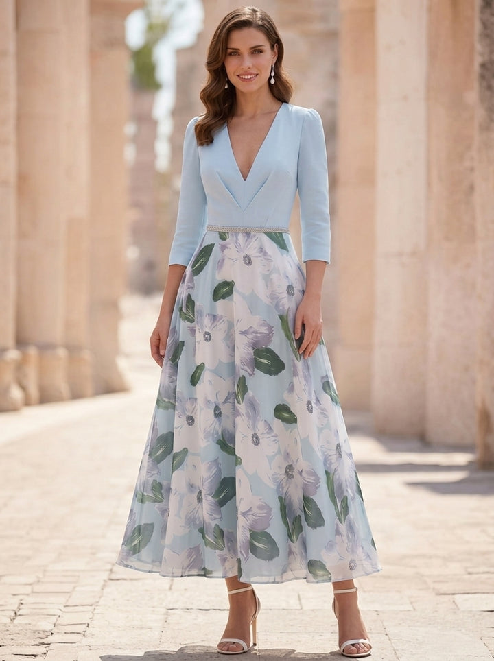 Robe mère de la mariée en satin, ligne A/princesse, col en V, manches 3/4, mousseline, floral, Longueur de Thé, ceinture
