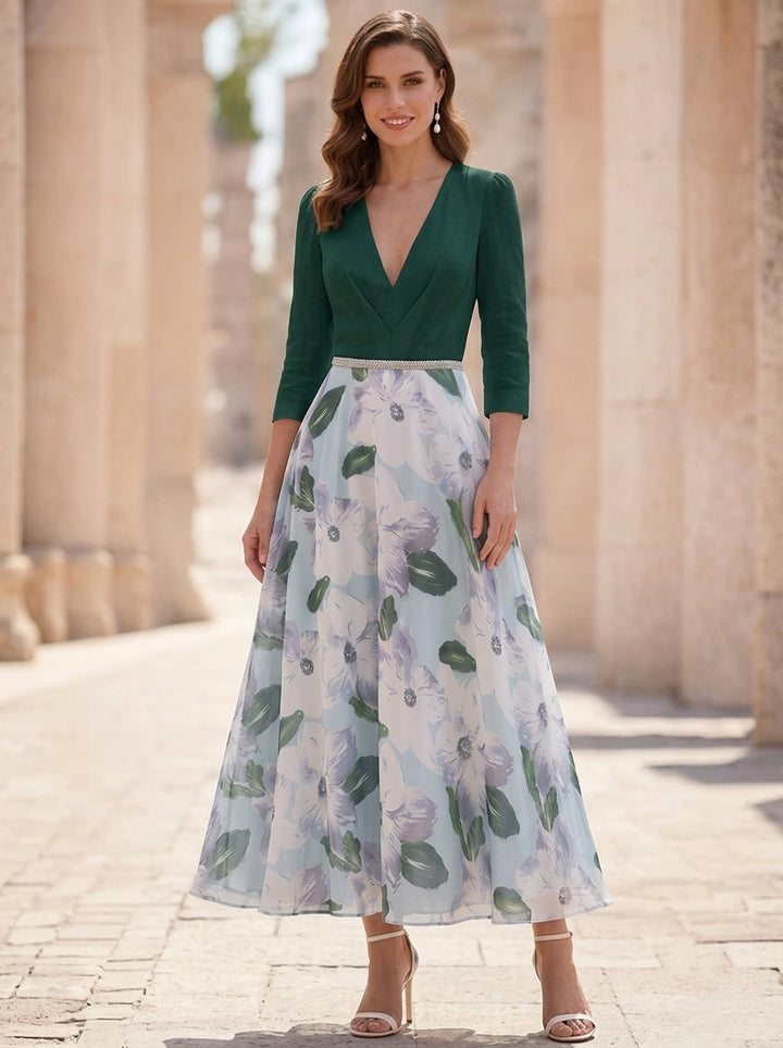 Robe mère de la mariée en satin, ligne A/princesse, col en V, manches 3/4, mousseline, floral, Longueur de Thé, ceinture