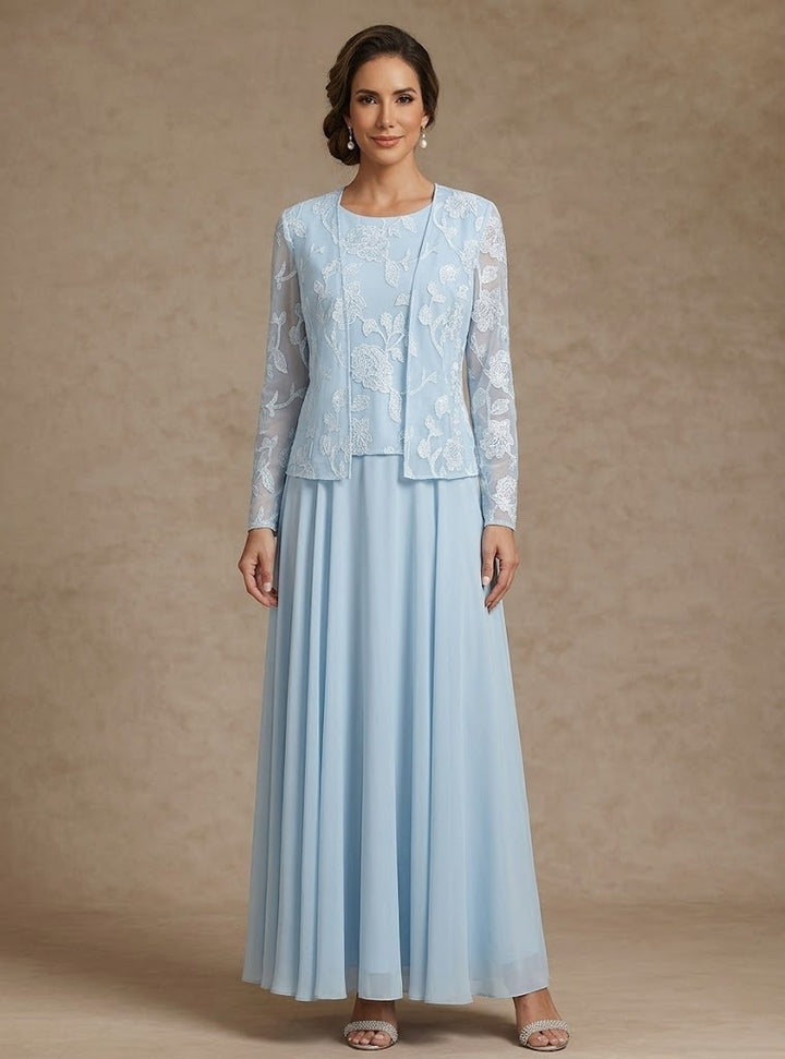 Ensemble 3 pièces en mousseline pour mère de la mariée, ligne A/princesse, col rond, avec veste, dentelle florale, Longueur de La Cheville, manches longues