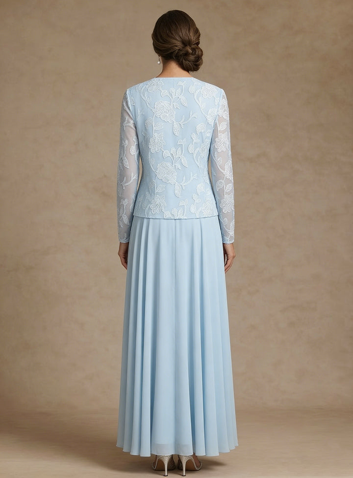 Ensemble 3 pièces en mousseline pour mère de la mariée, ligne A/princesse, col rond, avec veste, dentelle florale, Longueur de La Cheville, manches longues