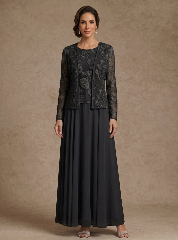 Ensemble 3 pièces en mousseline pour mère de la mariée, ligne A/princesse, col rond, avec veste, dentelle florale, Longueur de La Cheville, manches longues