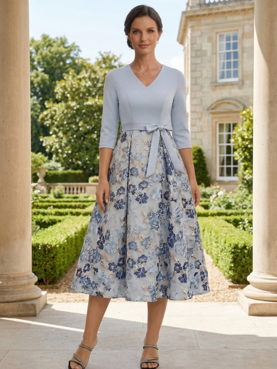 Robe mère de la mariée en jacquard, ligne A/princesse, col en V, manches 3/4, floral, Longueur de Thé, nœud papillon