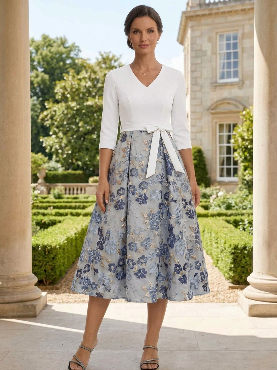 Robe mère de la mariée en jacquard, ligne A/princesse, col en V, manches 3/4, floral, Longueur de Thé, nœud papillon