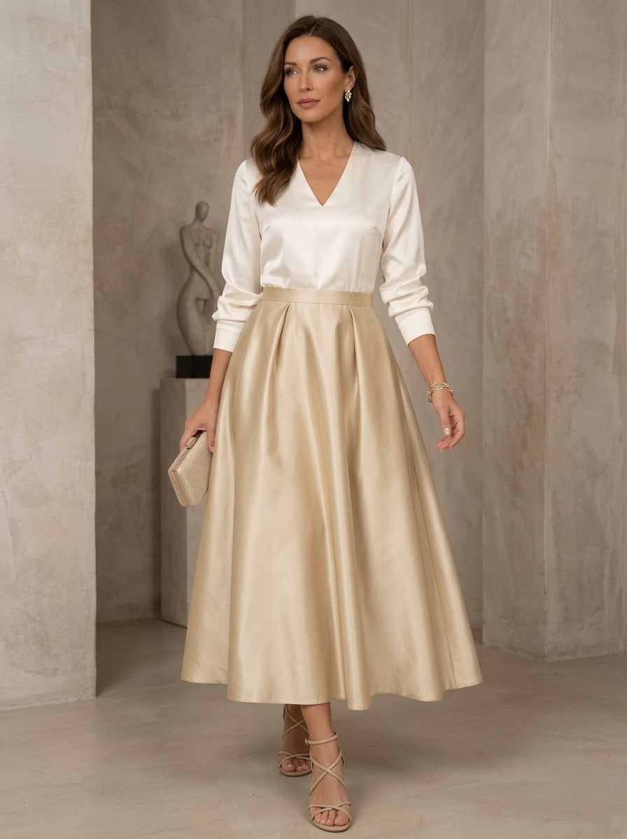 Robe mère de la mariée en satin, ligne A/princesse, col en V, manches 3/4, longueur de thé, plissée