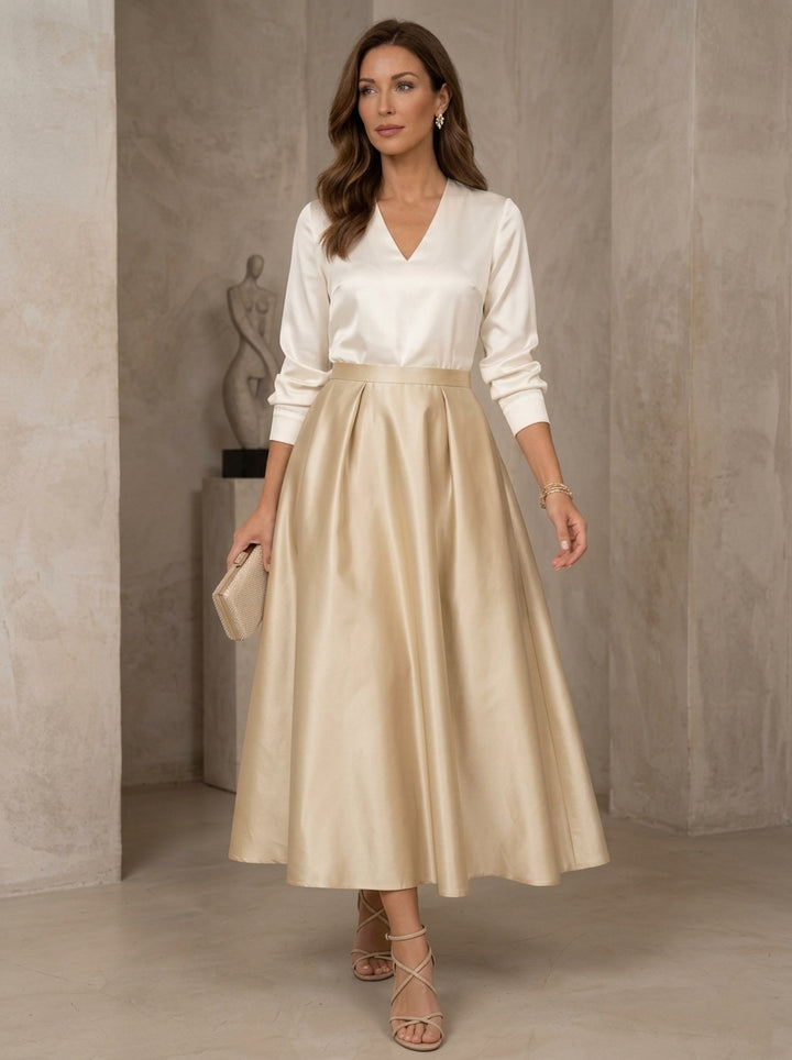 Robe mère de la mariée en satin, ligne A/princesse, col en V, manches 3/4, longueur de thé, plissée