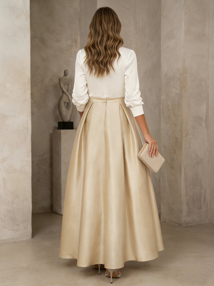 Robe mère de la mariée en satin, ligne A/princesse, col en V, manches 3/4, longueur de thé, plissée