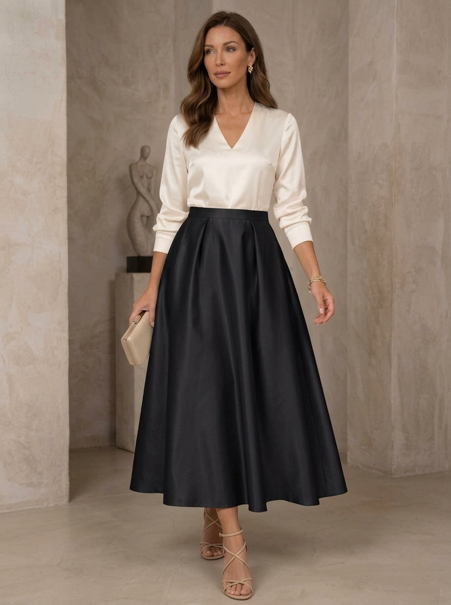 Robe mère de la mariée en satin, ligne A/princesse, col en V, manches 3/4, longueur de thé, plissée
