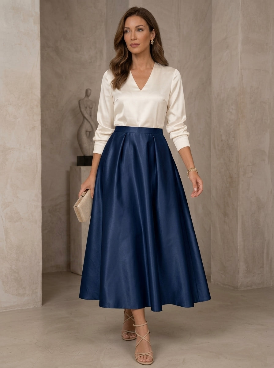 Robe mère de la mariée en satin, ligne A/princesse, col en V, manches 3/4, longueur de thé, plissée
