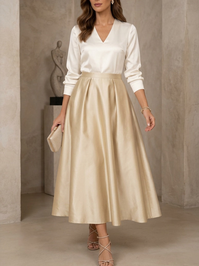Robe mère de la mariée en satin, ligne A/princesse, col en V, manches 3/4, longueur de thé, plissée
