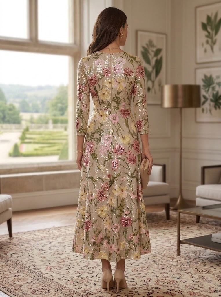 Robe mère de la mariée, ligne A/princesse, col rond, paillettes, manches 3/4, floral, Longueur de La Cheville