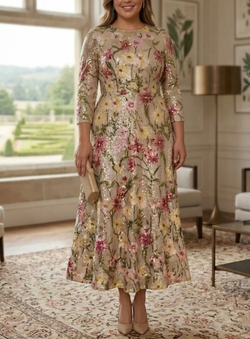 Robe mère de la mariée, Taille Plus, Ligne A/Princesse, Col Rond, Paillettes, Manches 3/4, Longueur de la Cheville, Florale