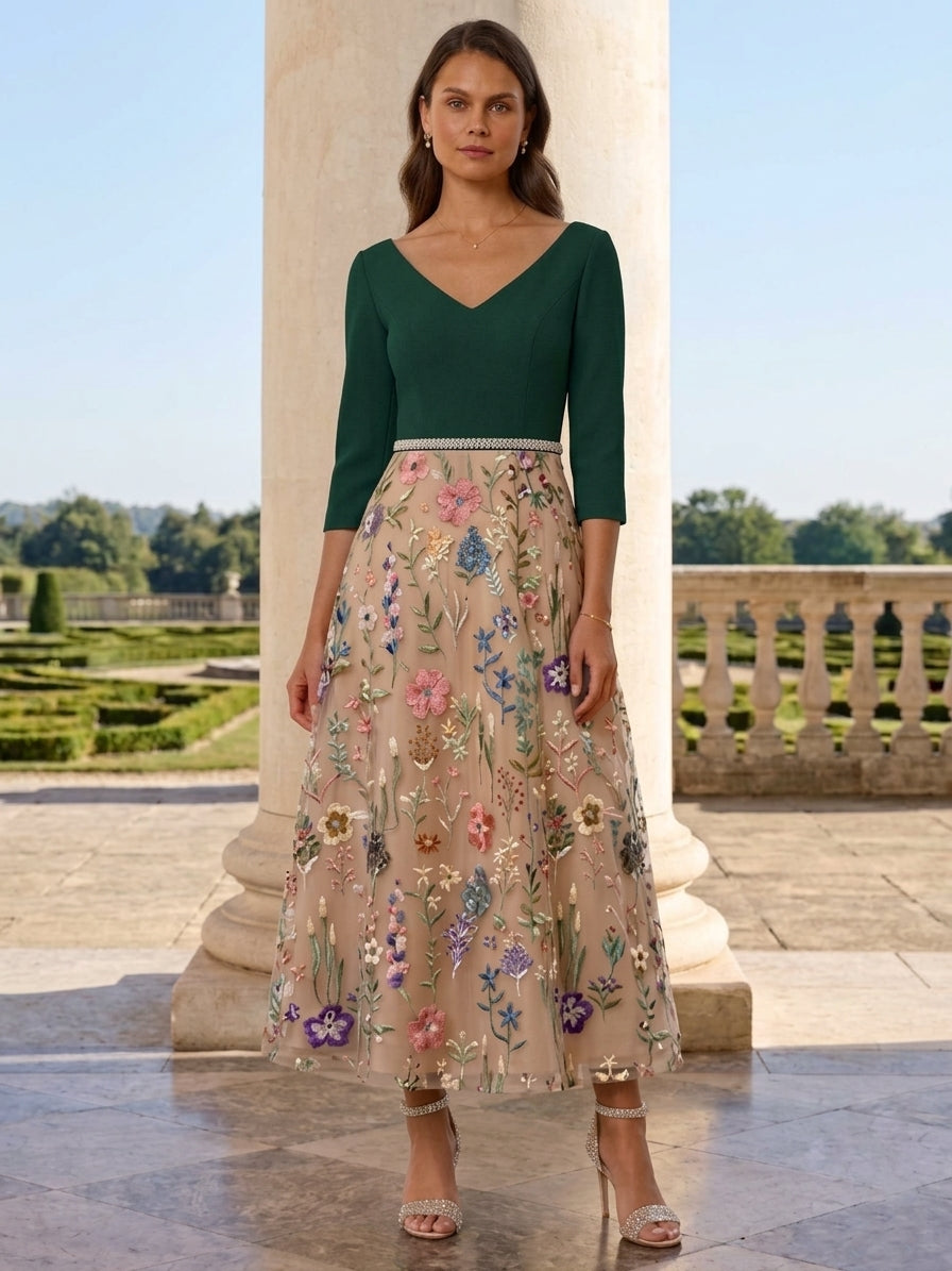 Robe mère de la mariée, satin extensible, ligne A/princesse, col en V, manches 3/4, dentelle et broderie florale, Longueur de La Cheville, avec ceinture