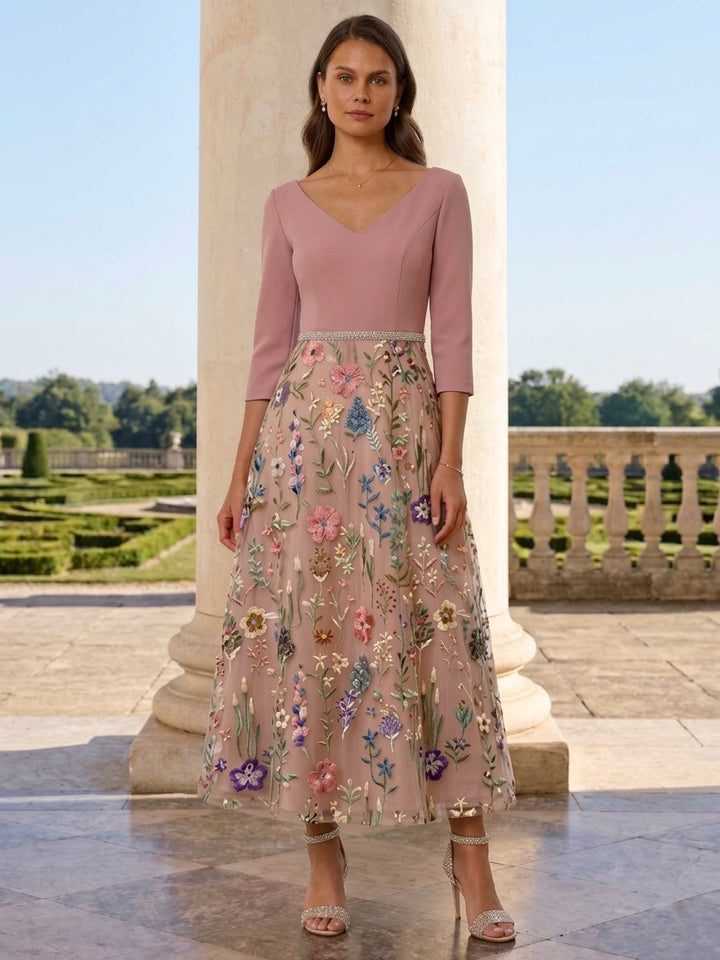 Robe mère de la mariée, satin extensible, ligne A/princesse, col en V, manches 3/4, dentelle et broderie florale, Longueur de La Cheville, avec ceinture