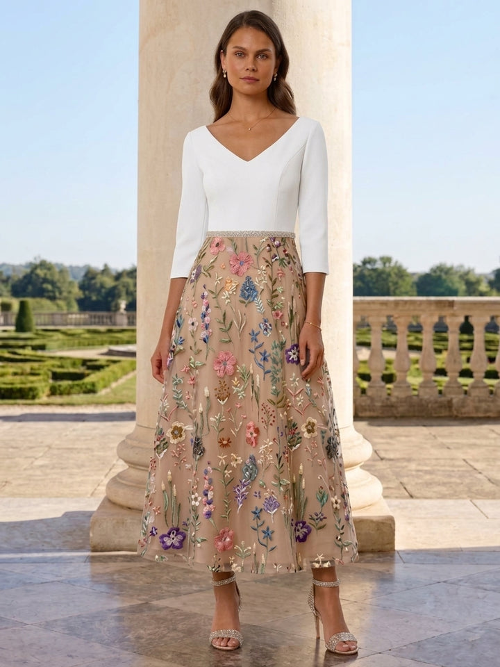 Robe mère de la mariée, satin extensible, ligne A/princesse, col en V, manches 3/4, dentelle et broderie florale, Longueur de La Cheville, avec ceinture