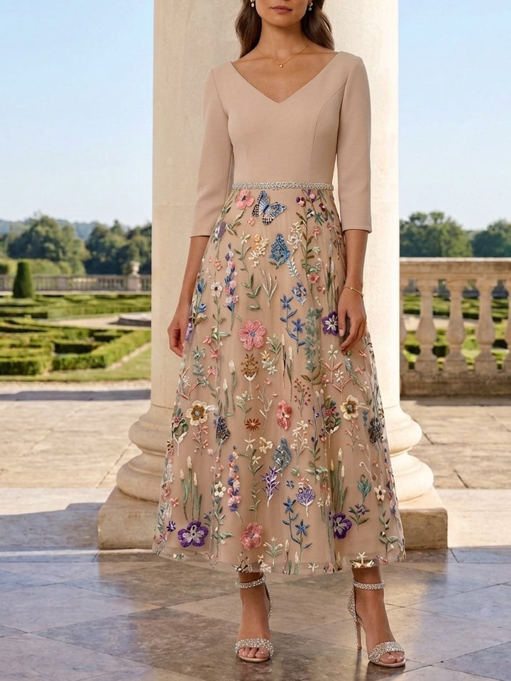 Robe mère de la mariée, satin extensible, ligne A/princesse, col en V, manches 3/4, dentelle et broderie florale, Longueur de La Cheville, avec ceinture