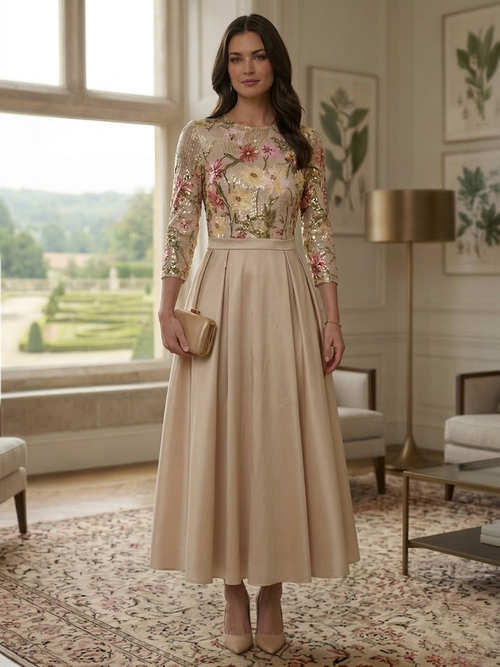 Robe mère de la mariée en Satin, ligne A/princesse, col rond, manches 3/4, paillettes floral, Longueur de La Cheville