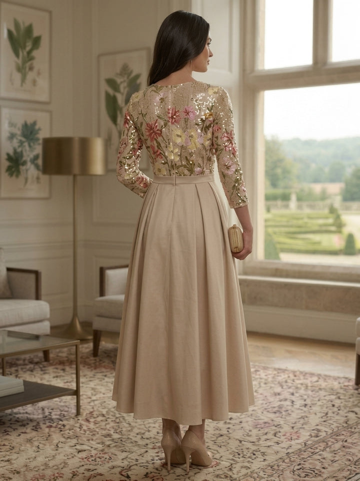 Robe mère de la mariée en Satin, ligne A/princesse, col rond, manches 3/4, paillettes floral, Longueur de La Cheville