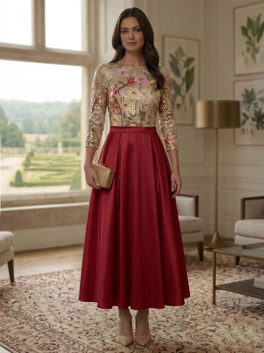 Robe mère de la mariée en Satin, ligne A/princesse, col rond, manches 3/4, paillettes floral, Longueur de La Cheville
