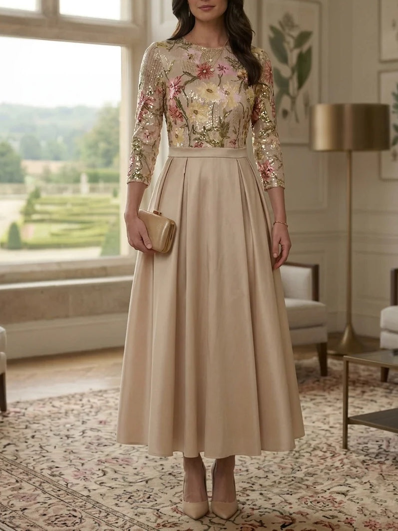 Robe mère de la mariée en Satin, ligne A/princesse, col rond, manches 3/4, paillettes floral, Longueur de La Cheville
