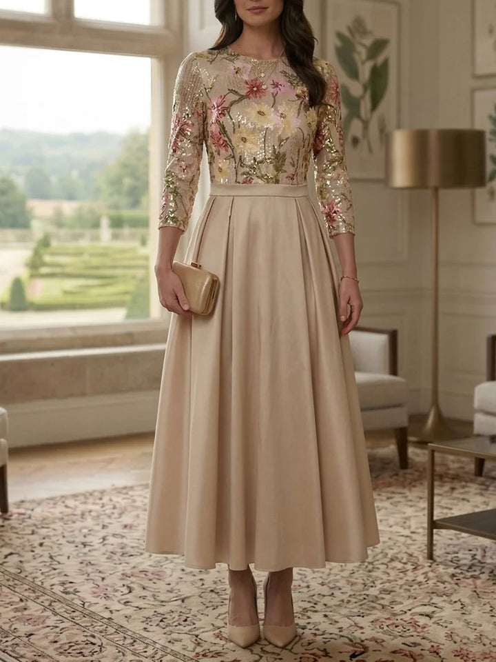 Robe mère de la mariée en Satin, ligne A/princesse, col rond, manches 3/4, paillettes floral, Longueur de La Cheville