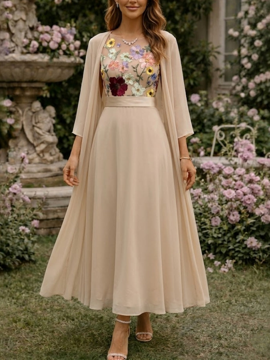 Robe mère de la mariée, Ligne A/Princesse, col rond, 2 morceaux en chiffon avec veste, manches 3/4, dentelle florale, longueur de la cheville