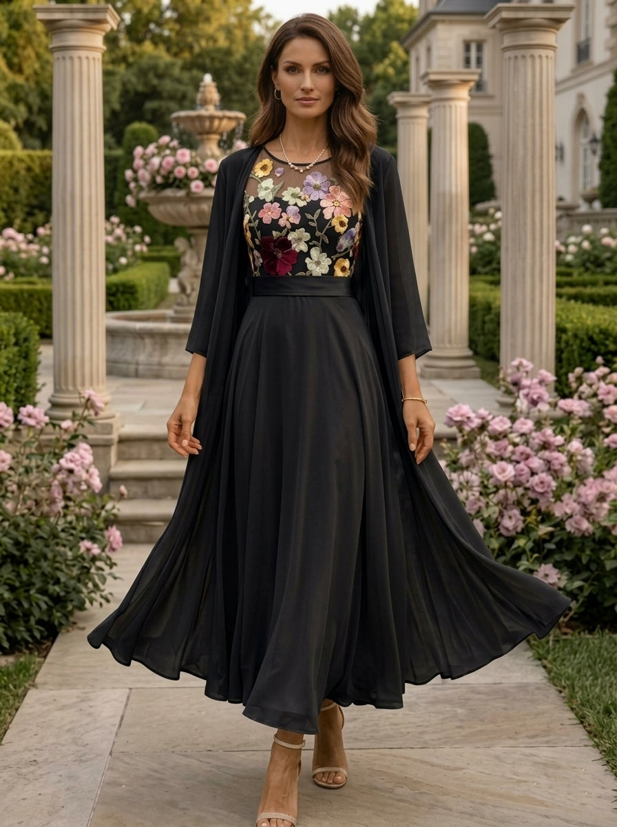 Robe mère de la mariée, Ligne A/Princesse, col rond, 2 morceaux en chiffon avec veste, manches 3/4, dentelle florale, longueur de la cheville
