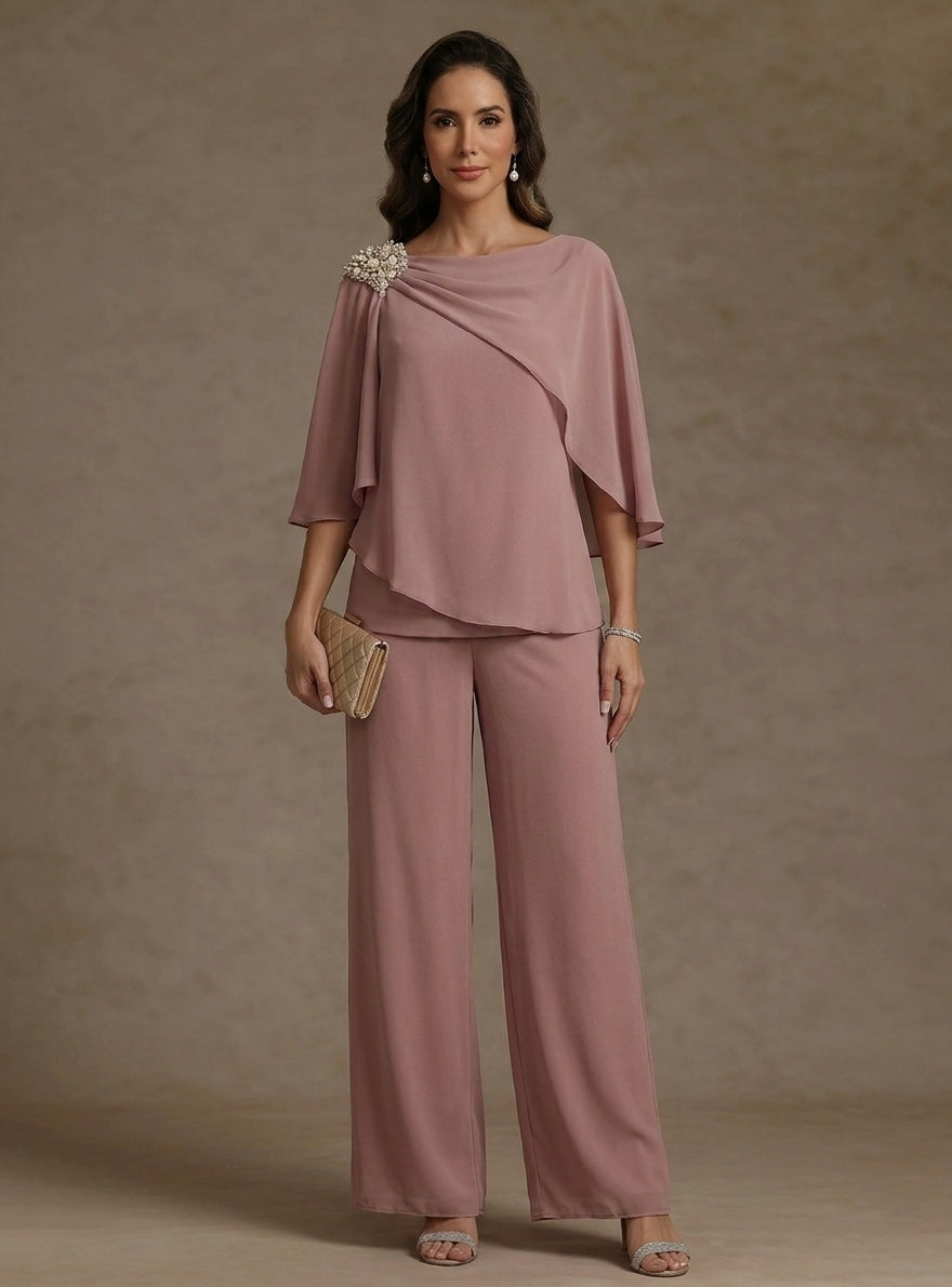 Ensemble pantalon 2 pièces pour mère de la mariée, col bateau en mousseline, manches cape, longueur cheville, strass