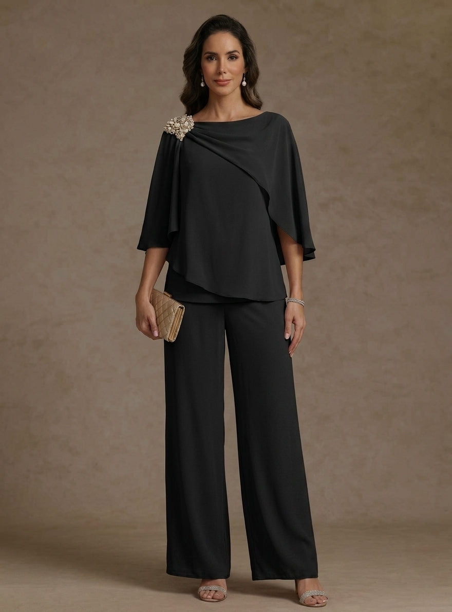 Ensemble pantalon 2 pièces pour mère de la mariée, col bateau en mousseline, manches cape, longueur cheville, strass