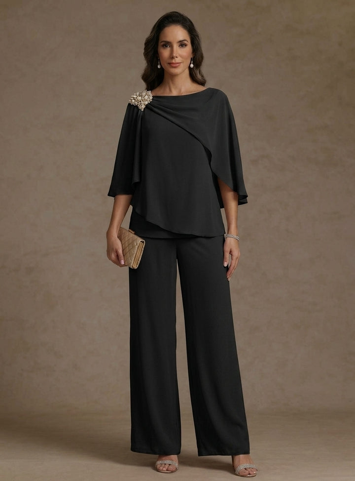 Ensemble pantalon 2 pièces pour mère de la mariée, col bateau en mousseline, manches cape, longueur cheville, strass