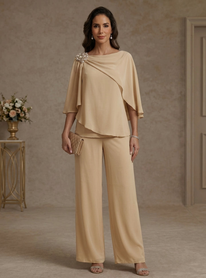 Ensemble pantalon 2 pièces pour mère de la mariée, col bateau en mousseline, manches cape, longueur cheville, strass