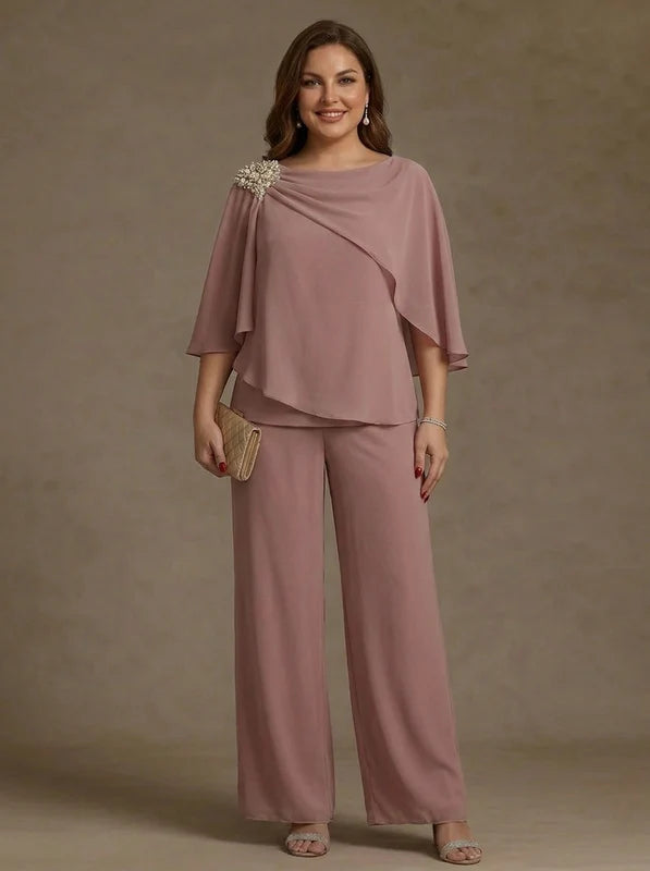 Robe Mère de la Mariée, Grande Taille, 2 Pièces, Tailleur-Pantalon, Col Bateau, Manches Cape, Longueur de la Cheville, Mousseline