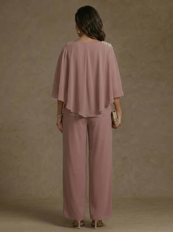 Robe Mère de la Mariée, Grande Taille, 2 Pièces, Tailleur-Pantalon, Col Bateau, Manches Cape, Longueur de la Cheville, Mousseline