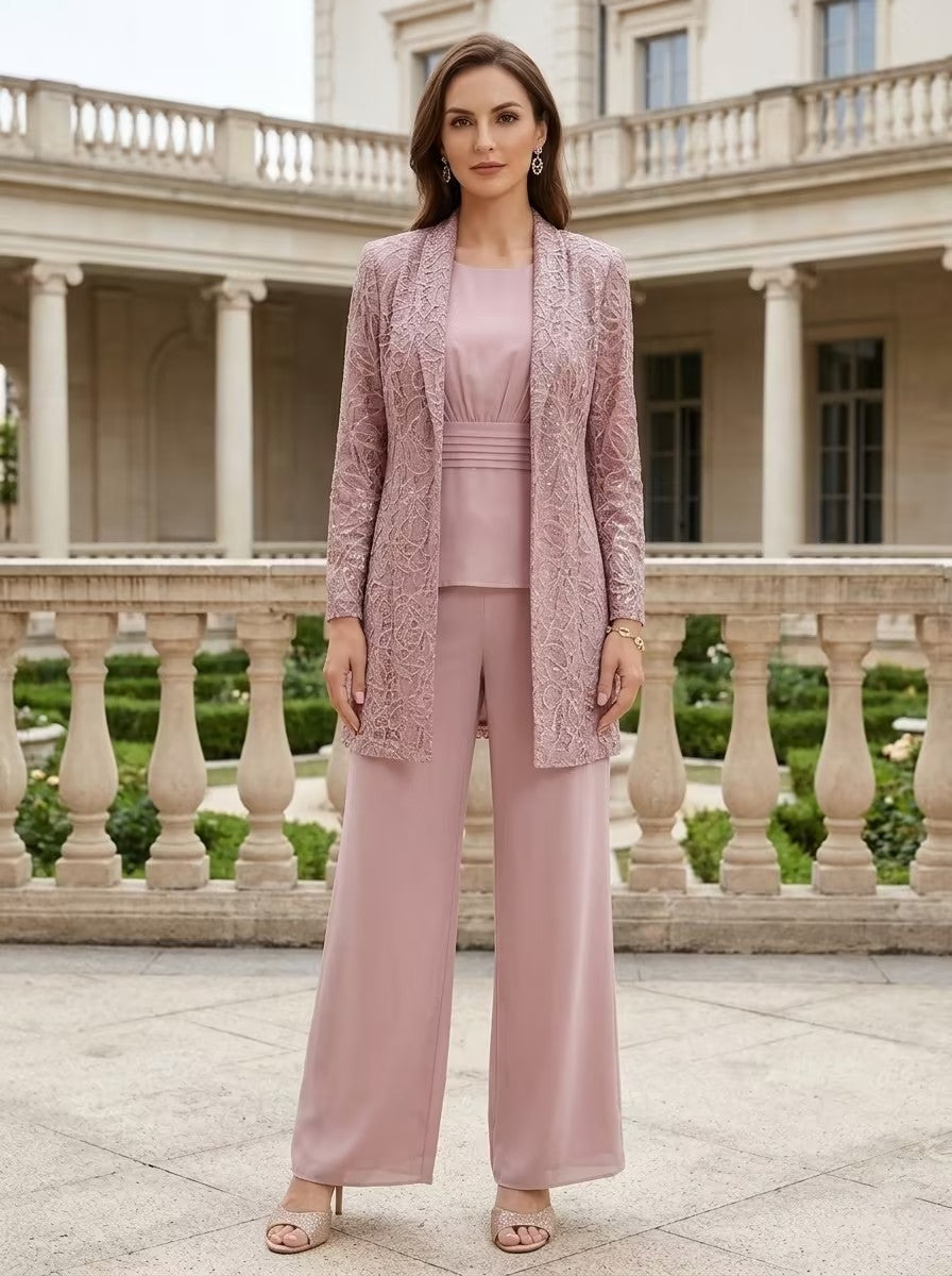 Ensemble pantalon 3 pièces pour mère de la mariée, col rond en mousseline, avec veste, manches longues, longueur cheville, dentelle