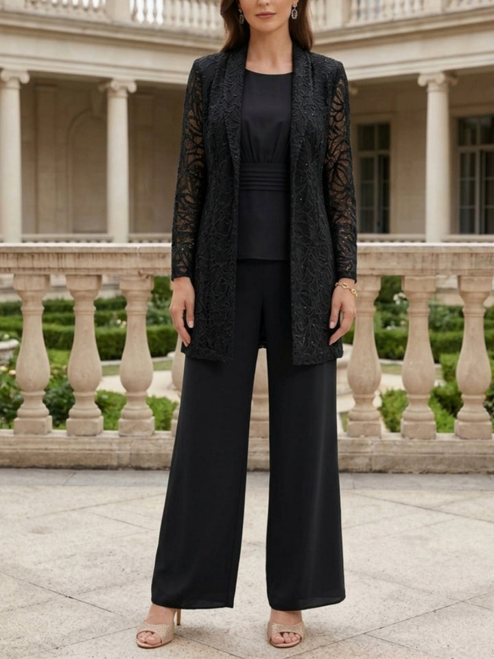 Ensemble pantalon 3 pièces pour mère de la mariée, col rond en mousseline, avec veste, manches longues, longueur cheville, dentelle