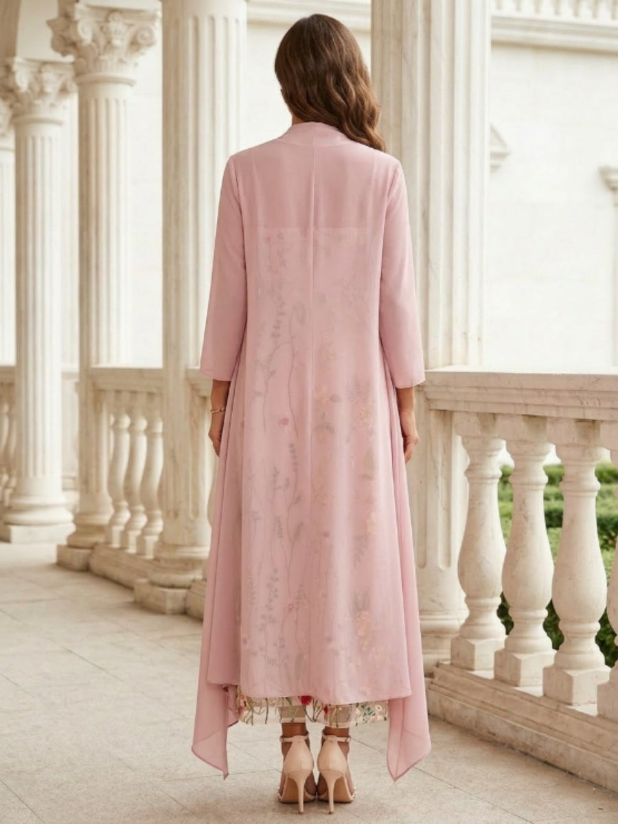 Robes pour mère de la mariée, 2 pièces, coupe A ou princesse, col rond en chiffon, avec veste, manches longues, longueur cheville, en dentelle florale