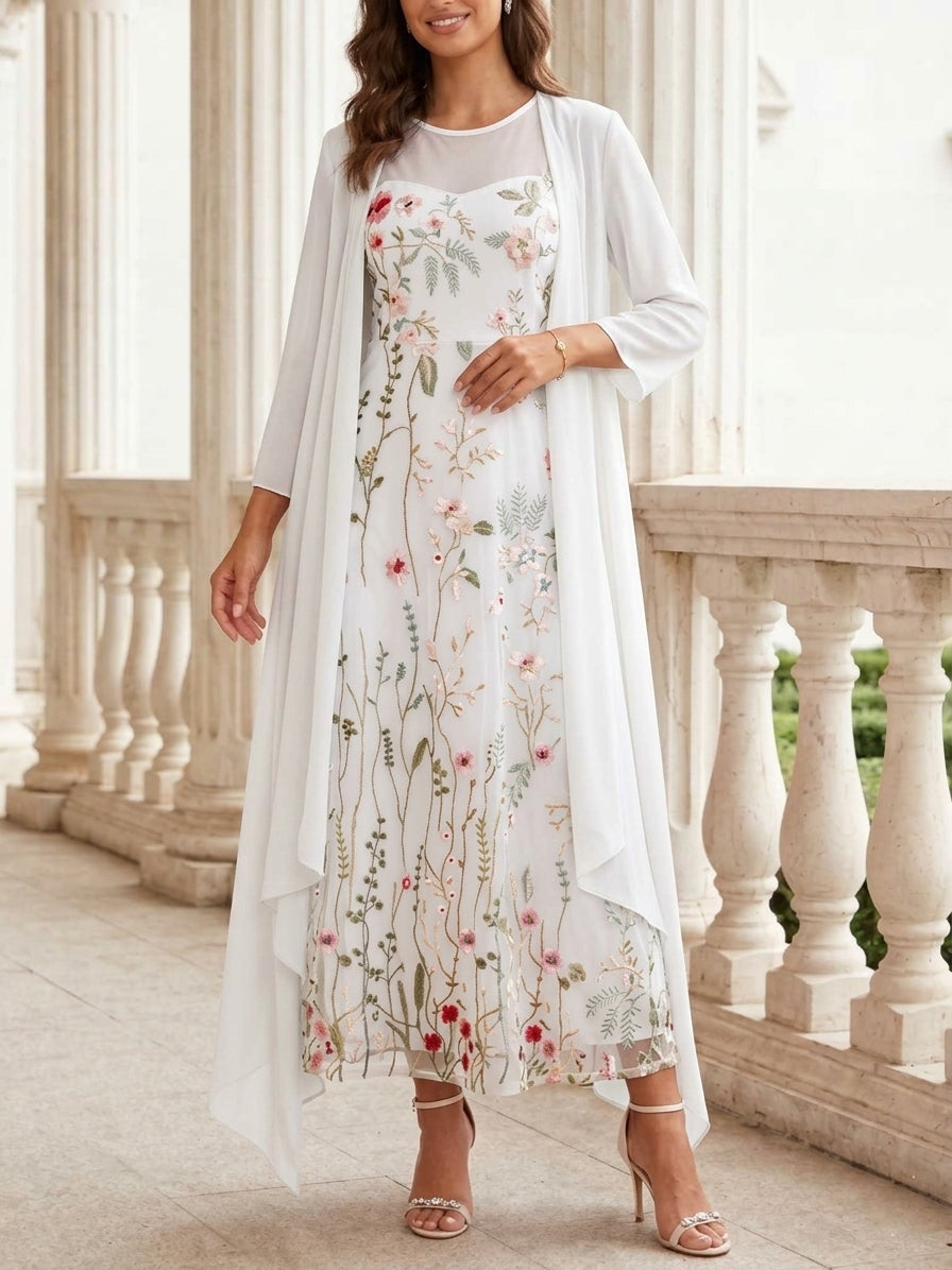 Robes pour mère de la mariée, 2 pièces, coupe A ou princesse, col rond en chiffon, avec veste, manches longues, longueur cheville, en dentelle florale